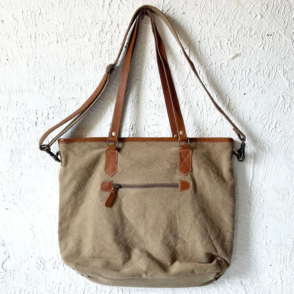 Myra Bag Perfect Match Upcycled Brown Ivory Canvas Cowhide Tote Crossbody Purse - Picture 2 of 16